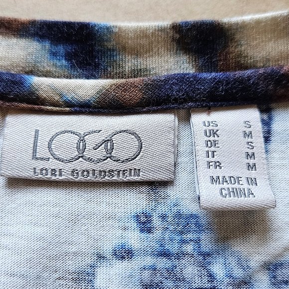 LOGO Lori Goldstein Blue Gold Floral Tunic Top 3/4 Sleeves Size Small - Picture 5 of 6